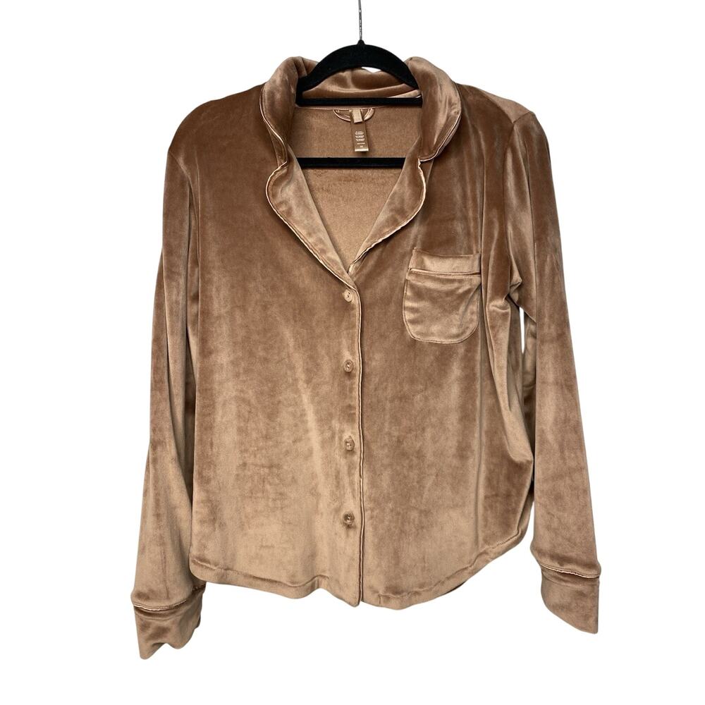 SKIMS Velour Button Up PJ Shirt in Sienna Brown Women's XS Pajama Lounge Top